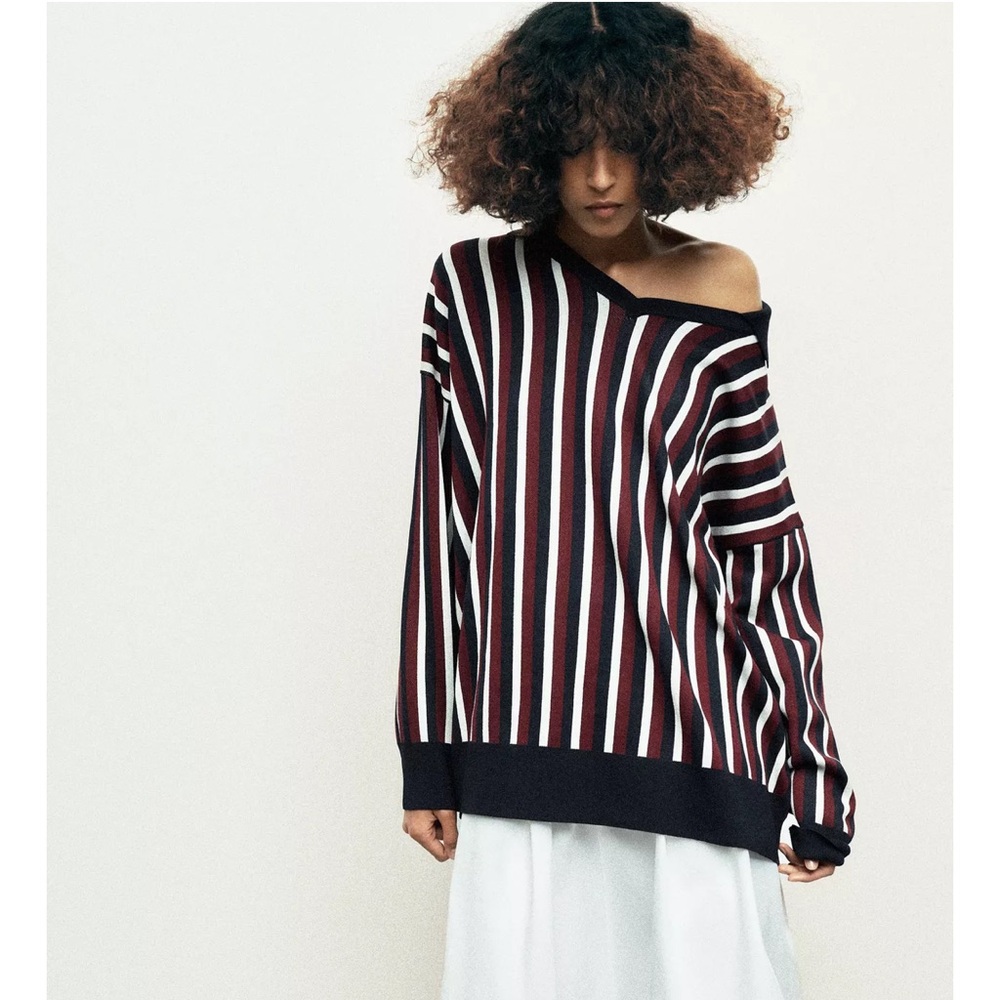 Zara Striped Long Sleeve Polo Top - Red, White, Black‎ Size Medium